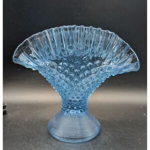 Vintage Empoli Italian Blue Hobnail Glass Fan Vase Ruffled Rim Pedestal 7"